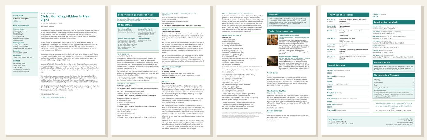 Pages two to five: pastor’s letter, Sunday readings with the Order of Mass and the Creed, announcements with pictures, Mass intentions, prayer list and stewardship.