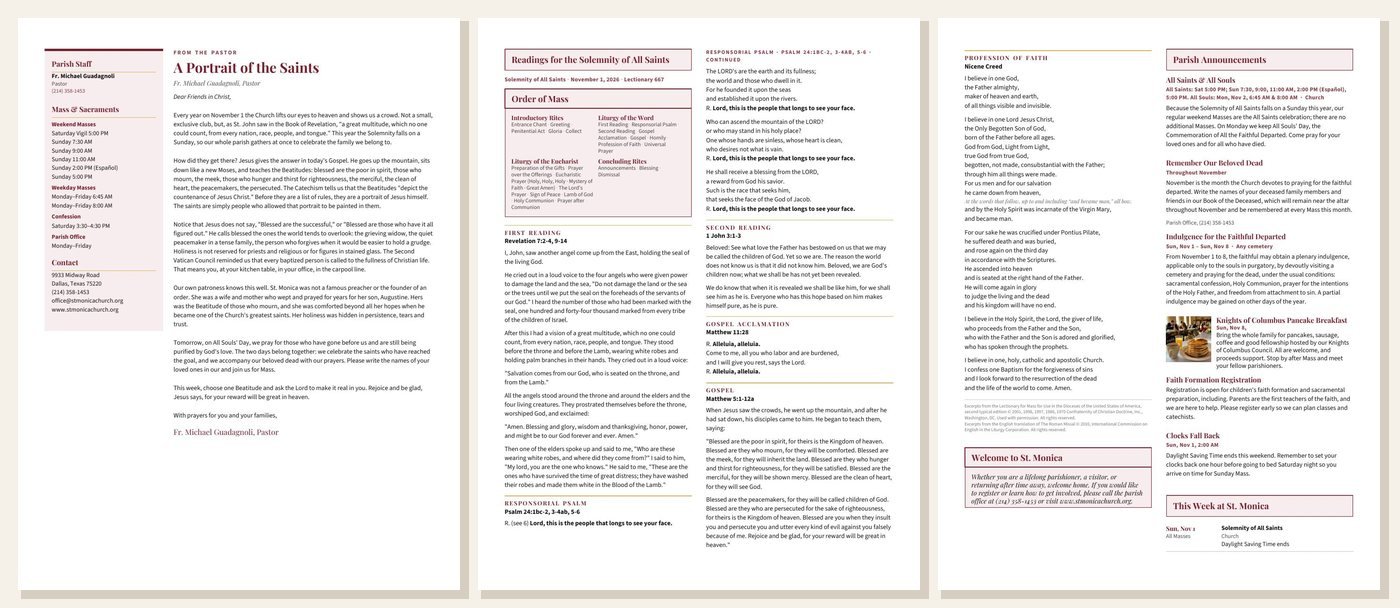 Pages two to four: parish sidebar with staff and Mass times beside the pastor’s letter, the Sunday readings with the Order of Mass and the Creed, then announcements and Mass intentions.