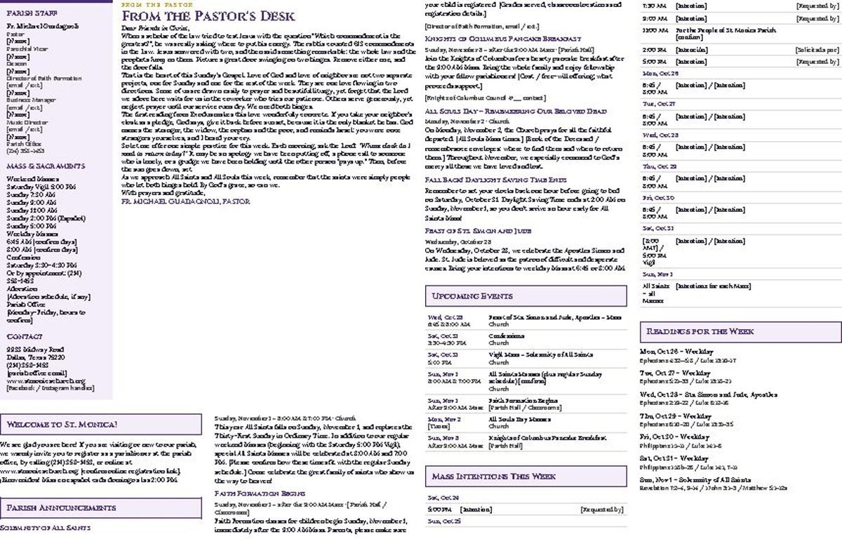 Inside pages of a parish bulletin made by the Parish Assistant: Mass intentions, readings for the week, prayer list and stewardship