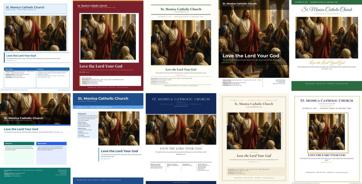 Ten parish bulletin cover styles produced by the HomilyWriterAI Parish Assistant