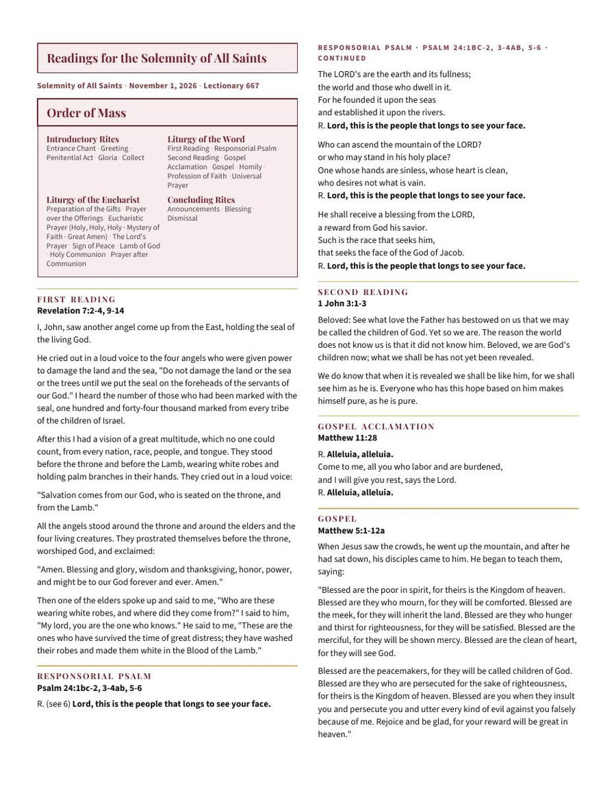 Inside page: the Sunday readings, the Order of Mass and the Creed, so the bulletin doubles as the worship aid