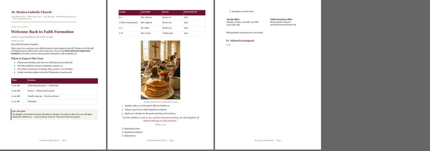 A three-page letter to faith-formation families opened in Microsoft Word