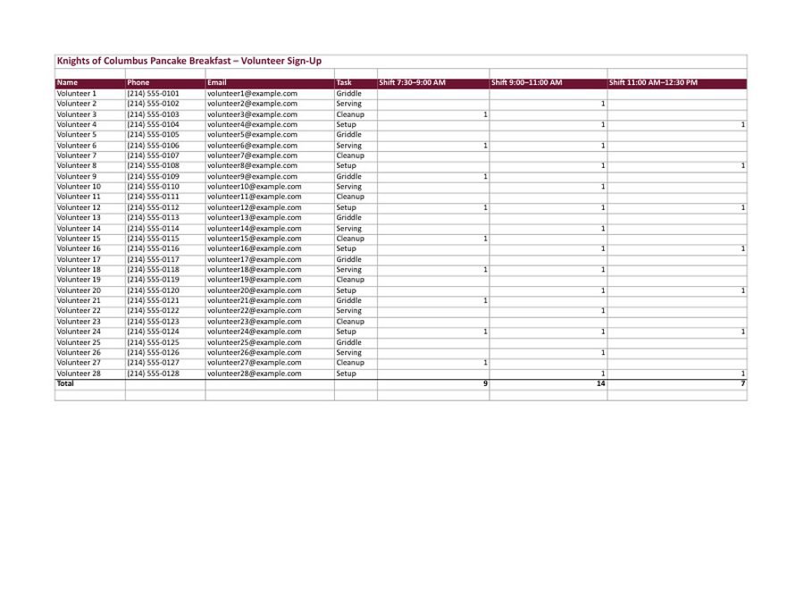 Volunteer sign-up spreadsheet with shift totals opened in Numbers